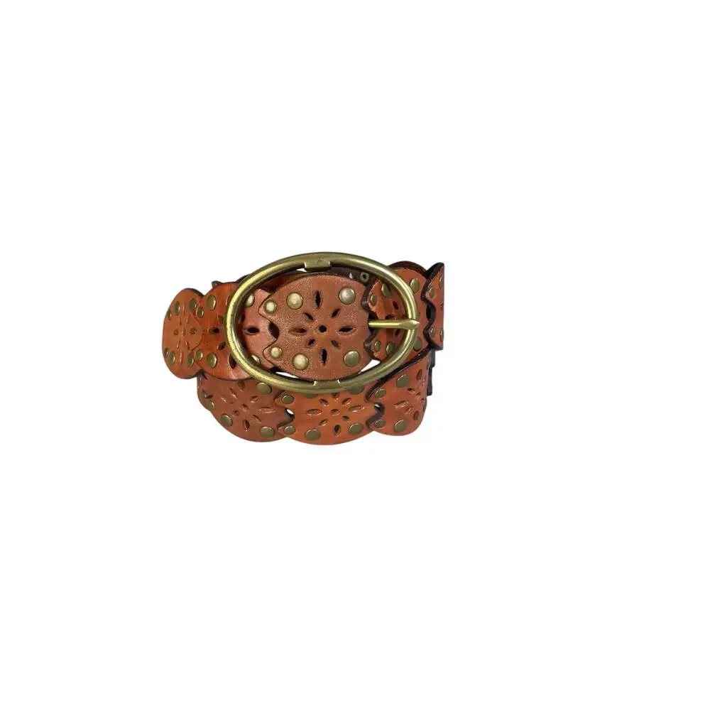 Unbranded Women’s Brown Leather Boho Cutout Floral Studded Belt Measures: 36.5”